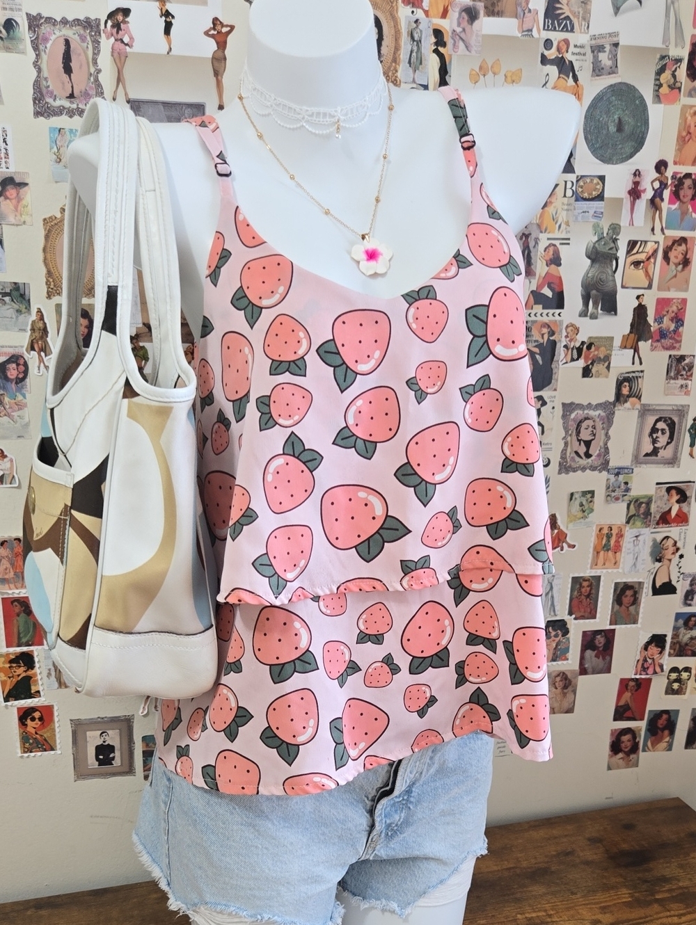 Pink Strawberry Print Ruffle Cami Tank Top Plus Size L